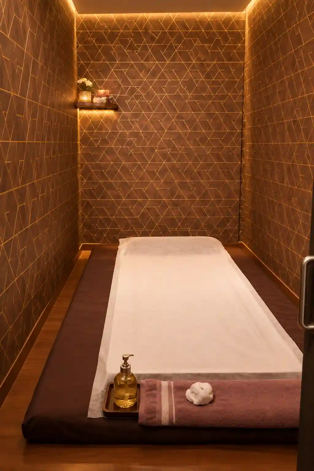 Softly lit Thai massage room with floor mattress